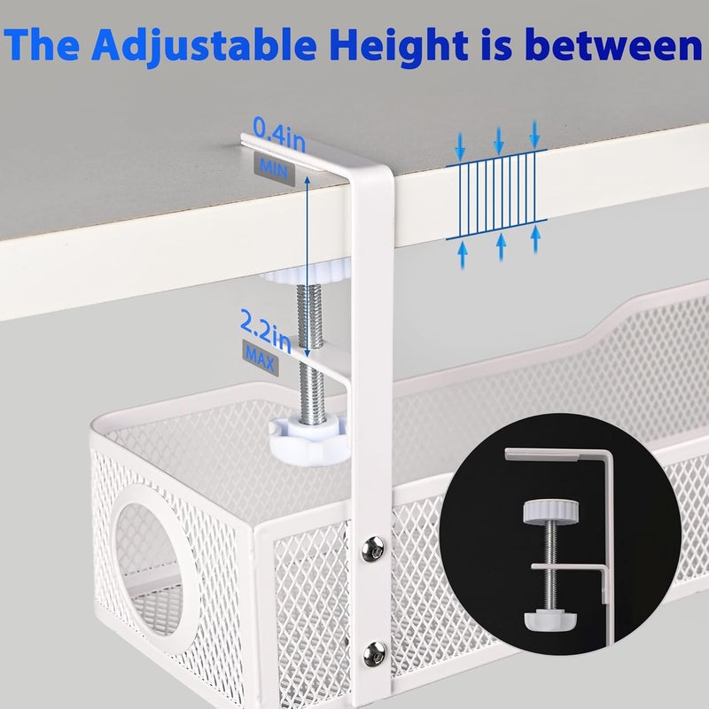 QUELIEN Under Desk Cable Management Tray Small – Clamp-Mounted Wire Organizer & Cord Management Under Desk Holder, No-Drill Metal Cable Tray for Home Office (White) - Image 2